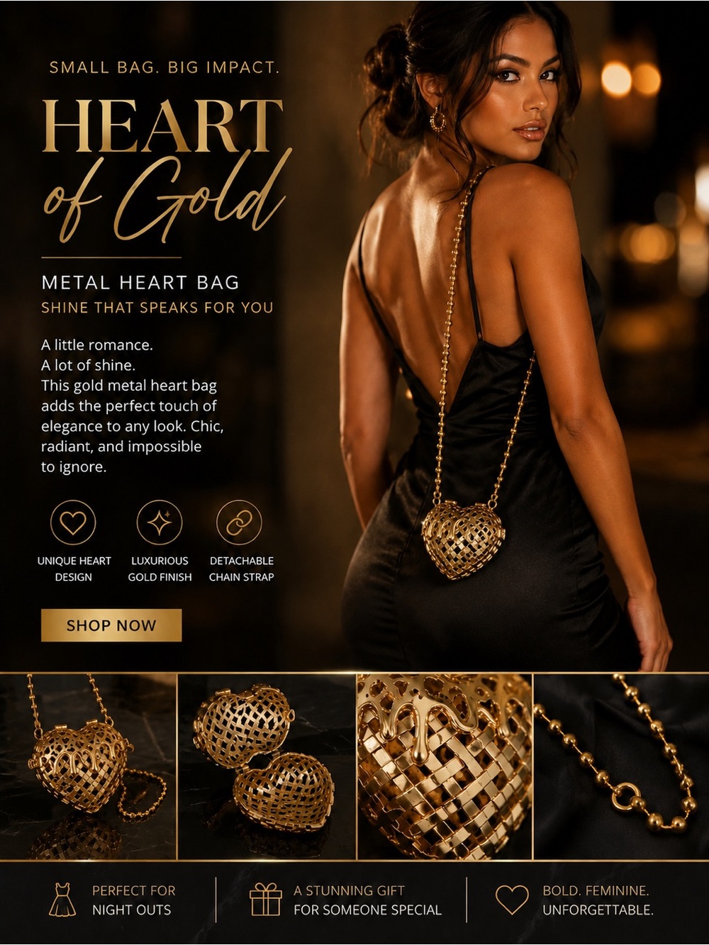 Gold Heart Mini Bag with Detachable Chain Strap